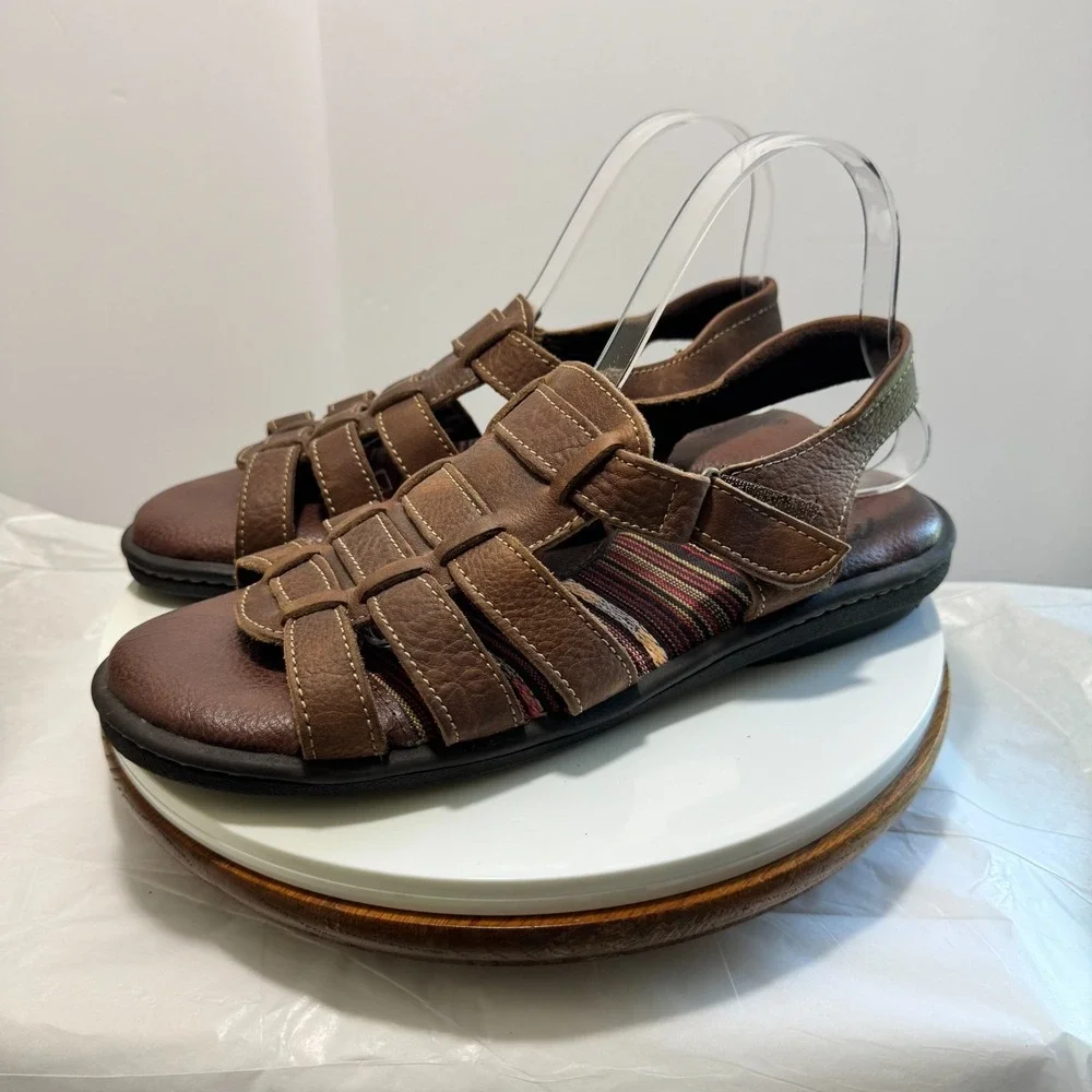 Minnetonka Sandals Shoes Mens Size 11WW Brown Leather Fisherman Hook Loop Casual